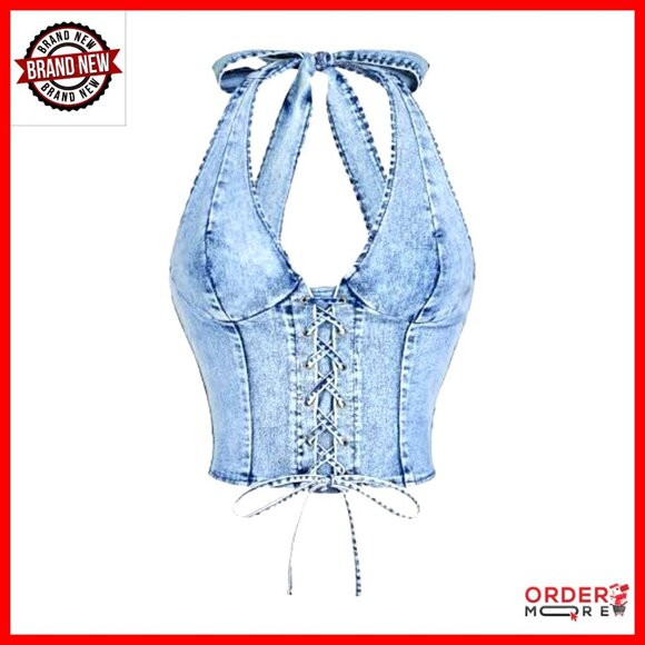Denim Halter Corset Top Y2K Lace Up Vest Shirred Tie Backless Sleeveless - Picture 7 of 7